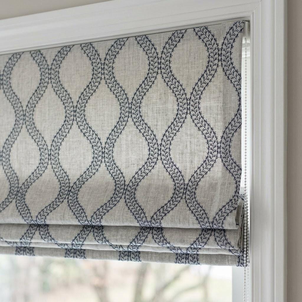 Custom Roman Shades, Oatmeal Blue Trellis Embroidered Linen Roman Blind, Blackout Corded Window Treatment, Coastal Shade — image 4