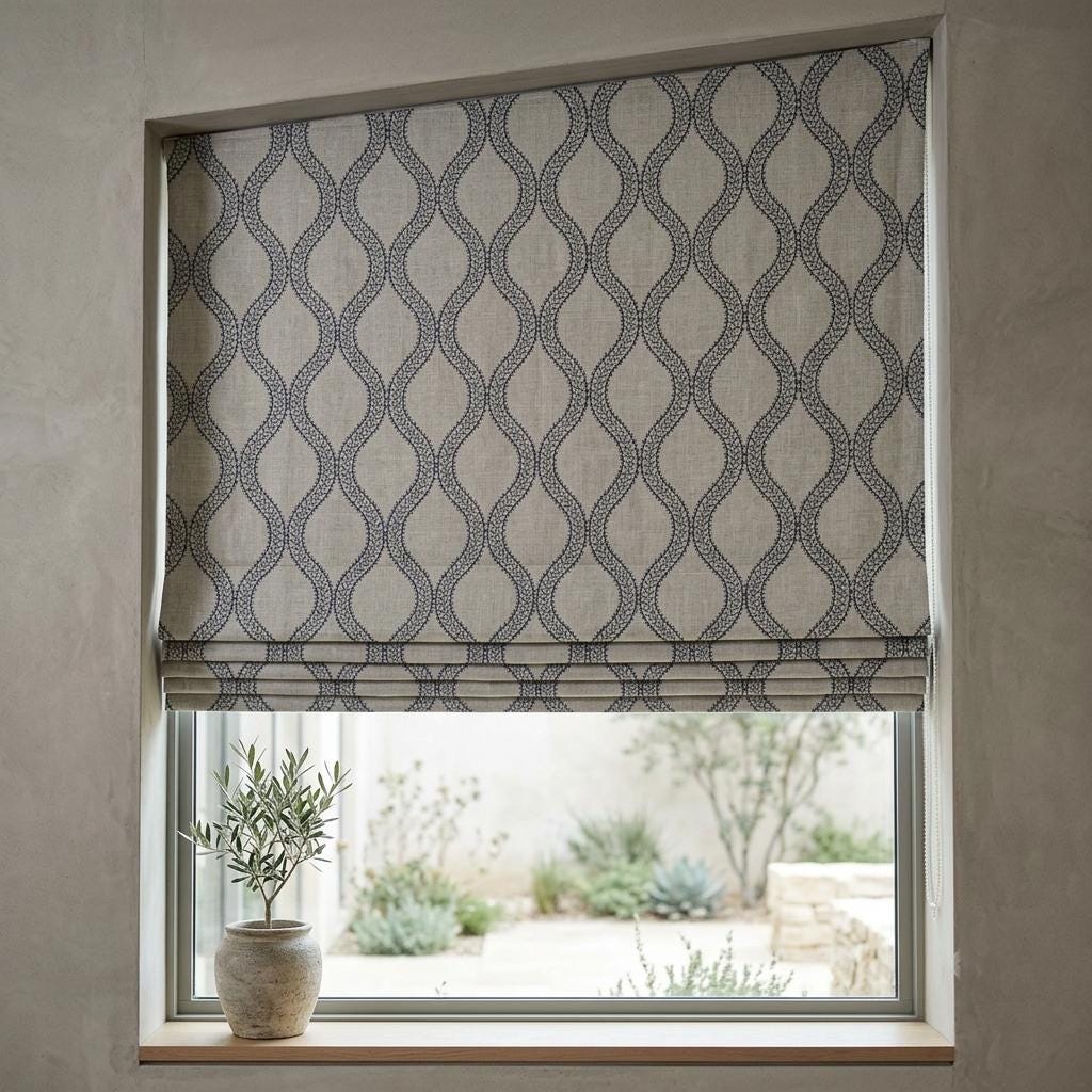 Custom Roman Shades, Oatmeal Blue Trellis Embroidered Linen Roman Blind, Blackout Corded Window Treatment, Coastal Shade — image 3