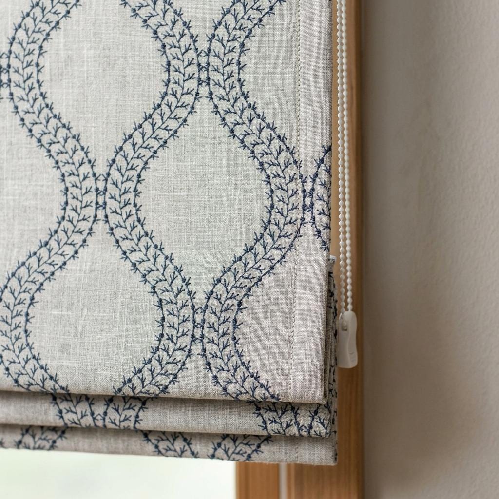Custom Roman Shades, Oatmeal Blue Trellis Embroidered Linen Roman Blind, Blackout Corded Window Treatment, Coastal Shade — image 9