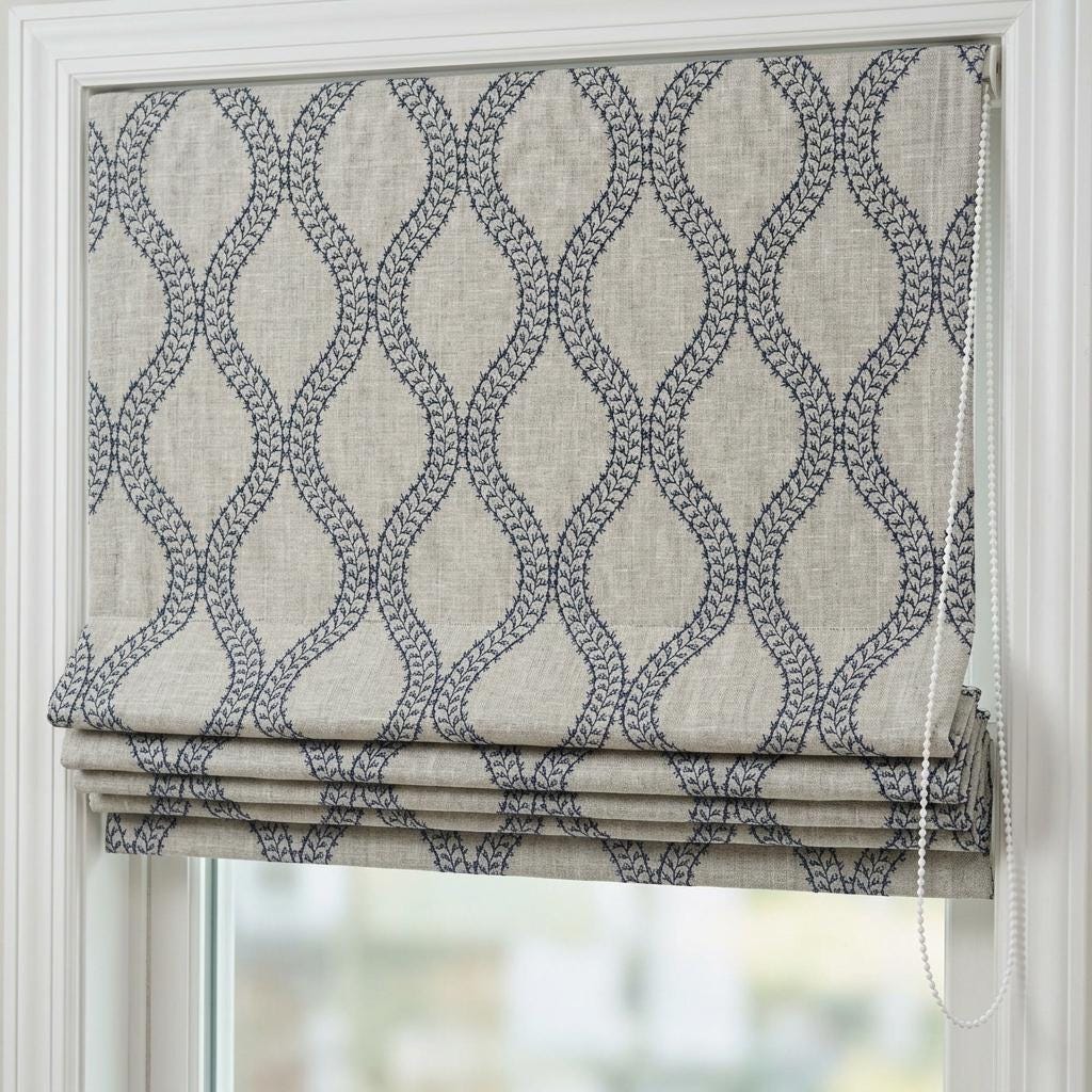 Custom Roman Shades, Oatmeal Blue Trellis Embroidered Linen Roman Blind, Blackout Corded Window Treatment, Coastal Shade — image 1