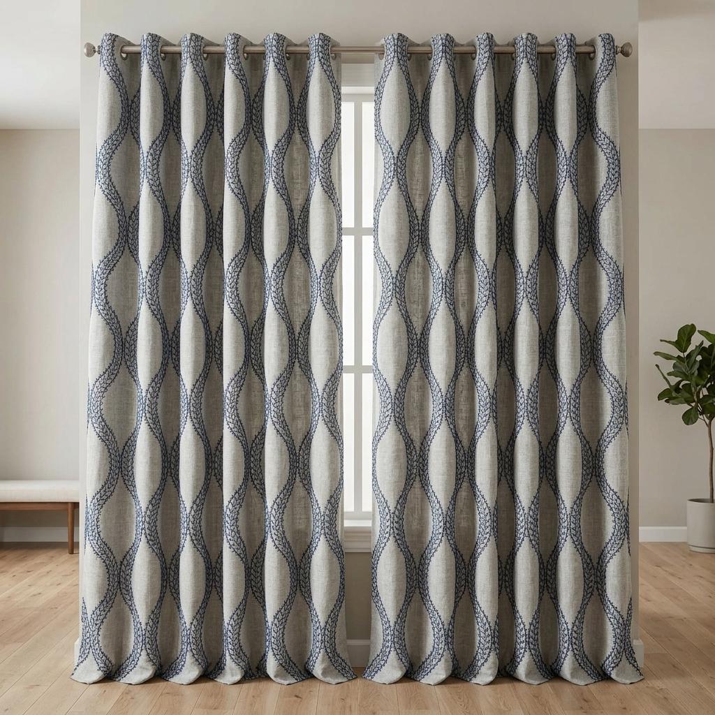 Natural Oatmeal Grey Linen Curtains, Blue Vine Embroidered Trellis Drapes, Custom Blackout or Sheer Panels — image 9