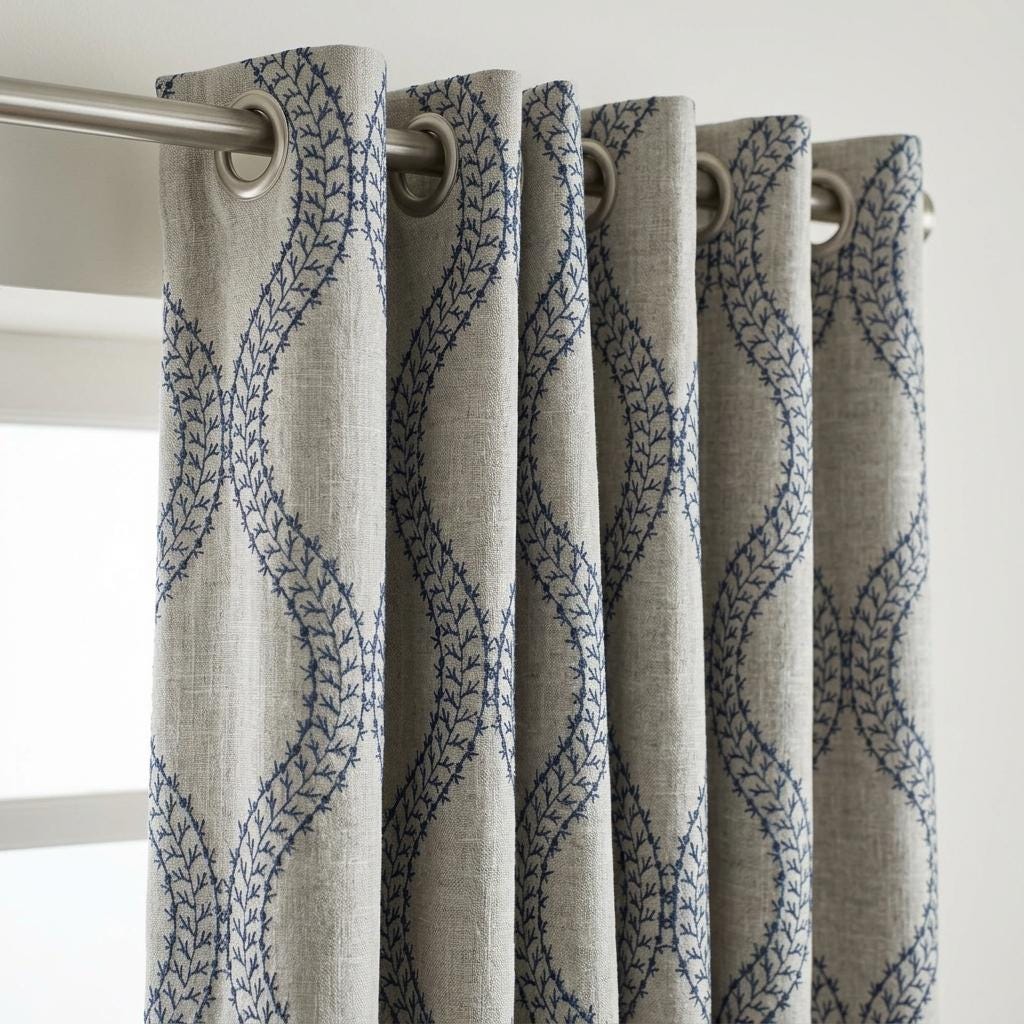 Natural Oatmeal Grey Linen Curtains, Blue Vine Embroidered Trellis Drapes, Custom Blackout or Sheer Panels — image 3