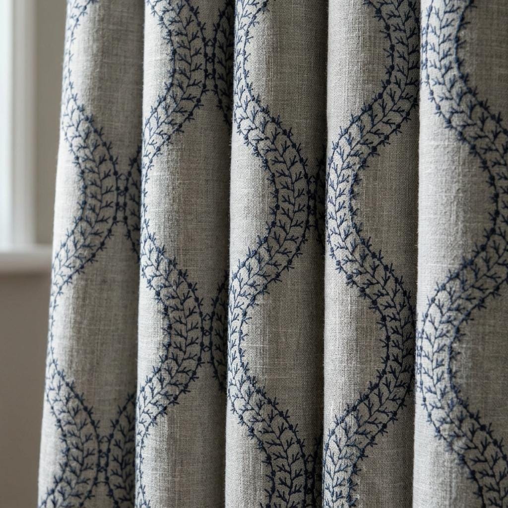 Natural Oatmeal Grey Linen Curtains, Blue Vine Embroidered Trellis Drapes, Custom Blackout or Sheer Panels — image 4