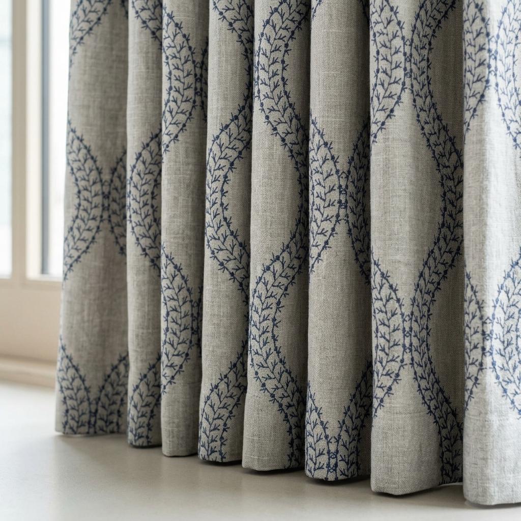 Natural Oatmeal Grey Linen Curtains, Blue Vine Embroidered Trellis Drapes, Custom Blackout or Sheer Panels — image 6