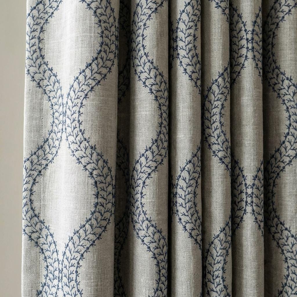 Natural Oatmeal Grey Linen Curtains, Blue Vine Embroidered Trellis Drapes, Custom Blackout or Sheer Panels — image 1
