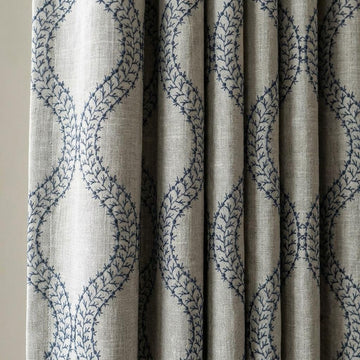Natural Oatmeal Grey Linen Curtains, Blue Vine Embroidered Trellis Drapes, Custom Blackout or Sheer Panels — image 1