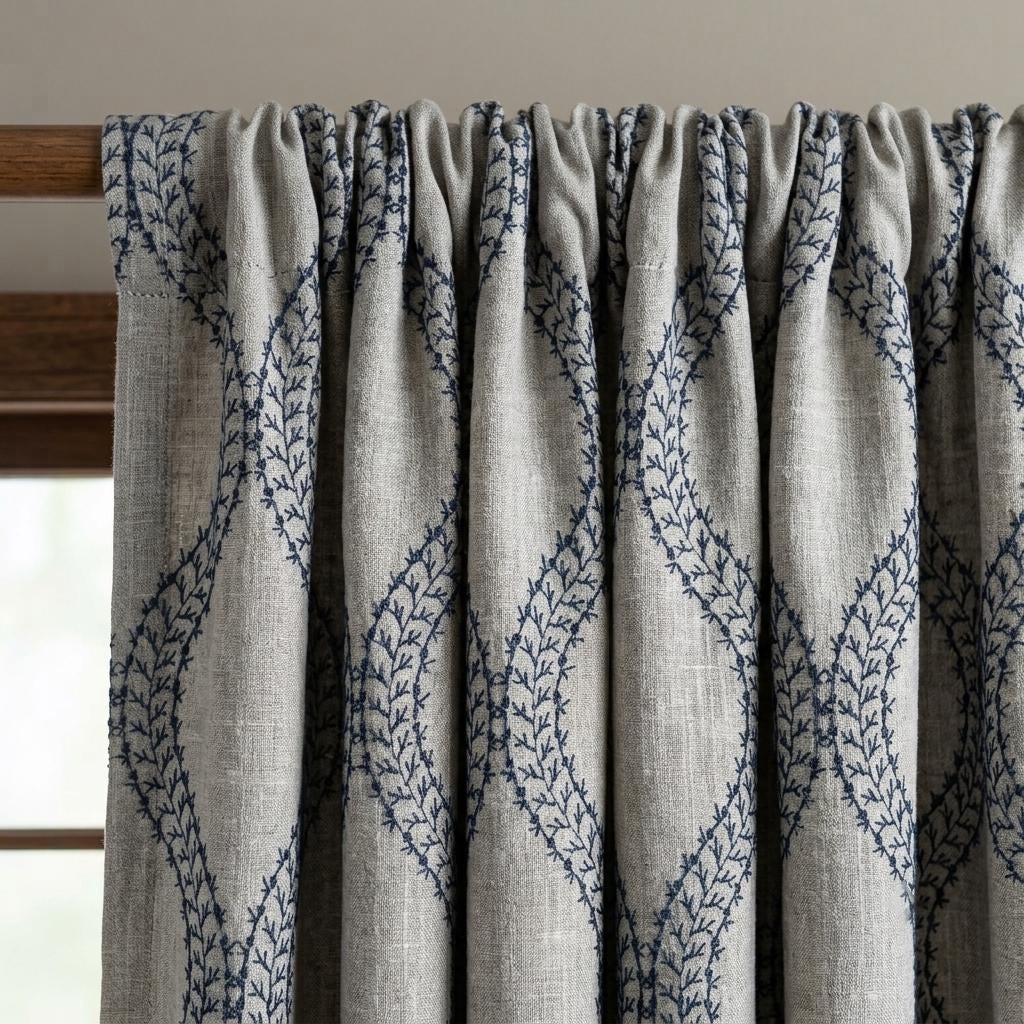 Natural Oatmeal Grey Linen Curtains, Blue Vine Embroidered Trellis Drapes, Custom Blackout or Sheer Panels — image 8