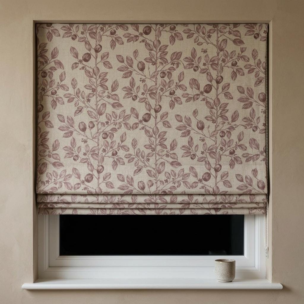 Dusty Mauve Botanical Linen Roman Shade, Custom Corded Roman Blind, Floral Vine Window Shade, Blackout or Lined — image 1
