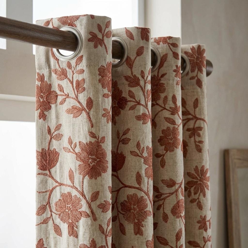 Rust Floral Linen Curtains, Natural Beige Heavy Embroidered Drapes, Custom Blackout Cafe Kitchen Living Room Panels — image 3