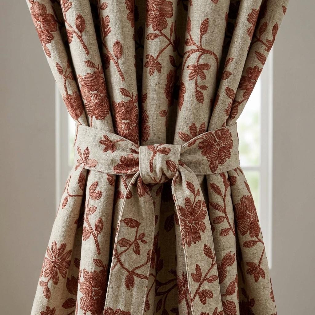 Rust Floral Linen Curtains, Natural Beige Heavy Embroidered Drapes, Custom Blackout Cafe Kitchen Living Room Panels — image 2