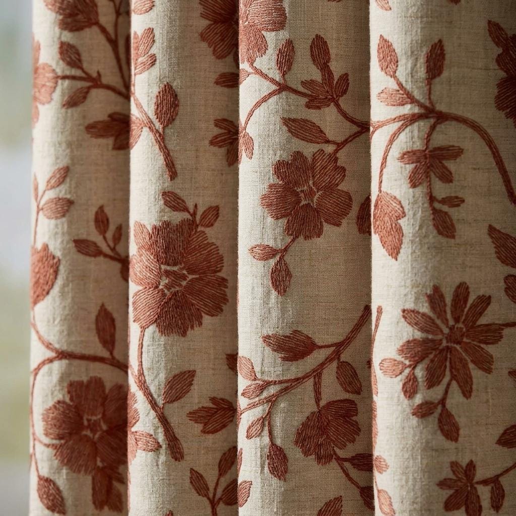 Rust Floral Linen Curtains, Natural Beige Heavy Embroidered Drapes, Custom Blackout Cafe Kitchen Living Room Panels — image 4
