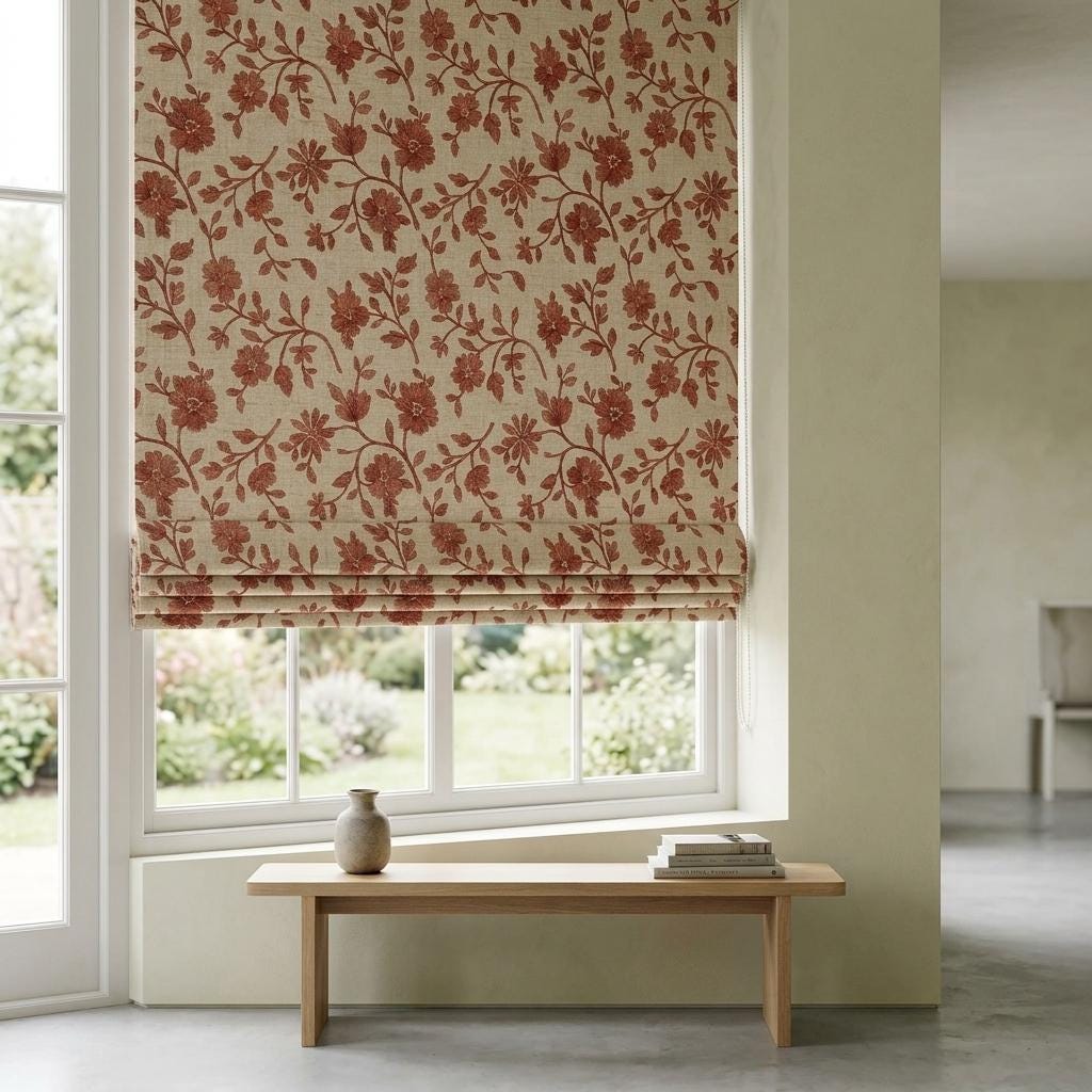Custom Roman Shades, Beige Terracotta Floral Linen Roman Blind, Embroidered Window Treatment, Blackout or Cotton Lined — image 9