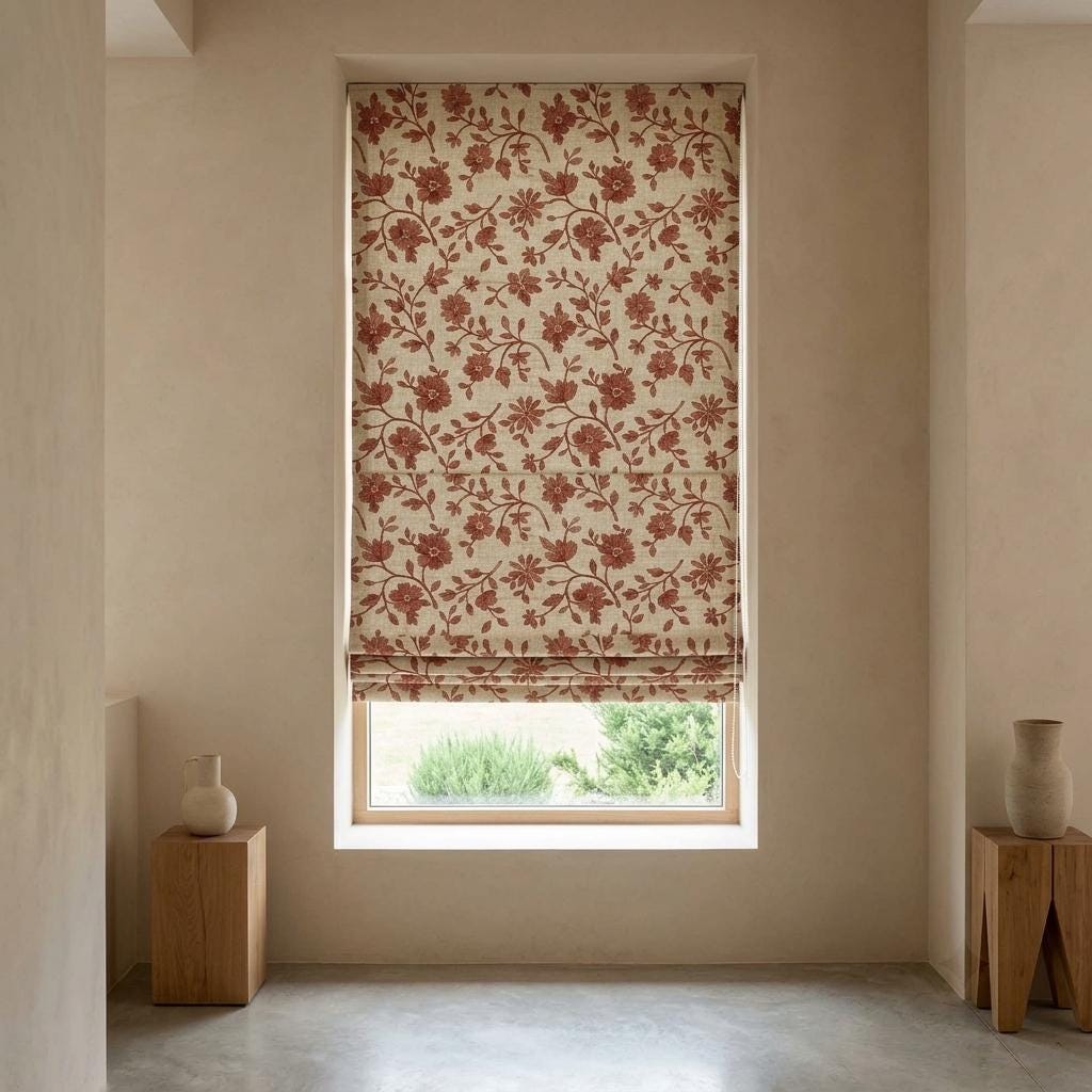 Custom Roman Shades, Beige Terracotta Floral Linen Roman Blind, Embroidered Window Treatment, Blackout or Cotton Lined — image 6
