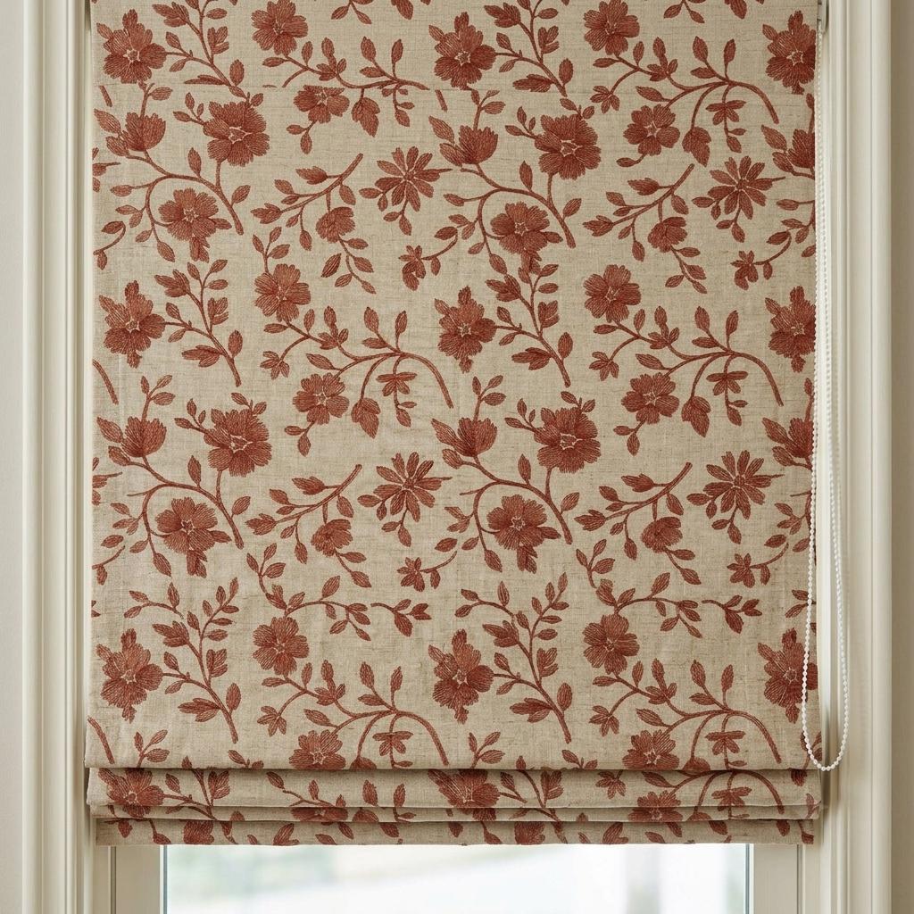 Custom Roman Shades, Beige Terracotta Floral Linen Roman Blind, Embroidered Window Treatment, Blackout or Cotton Lined — image 8