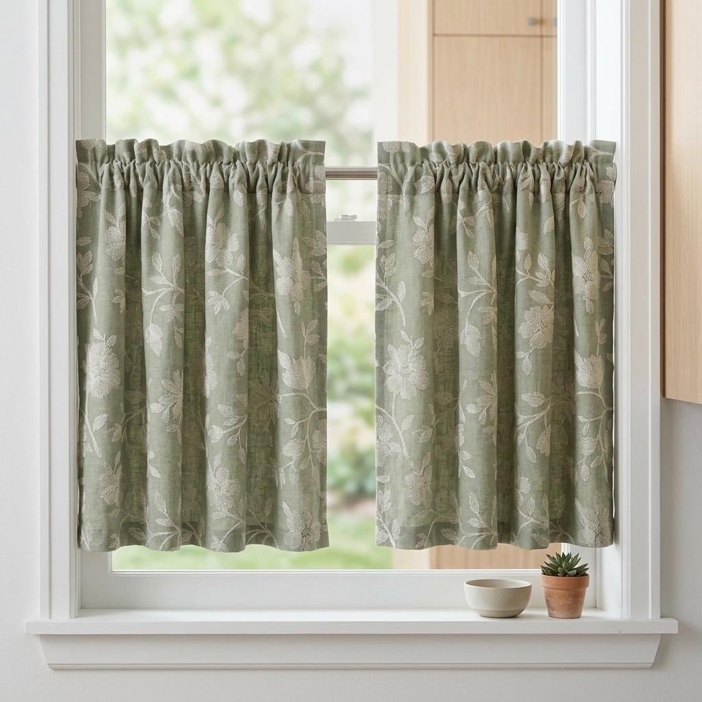 Sage Green Linen Curtains, Ivory Floral Embroidered Drapes, Custom Blackout Cafe Kitchen Living Room Panels — image 6