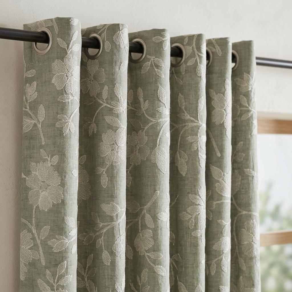 Sage Green Linen Curtains, Ivory Floral Embroidered Drapes, Custom Blackout Cafe Kitchen Living Room Panels — image 9