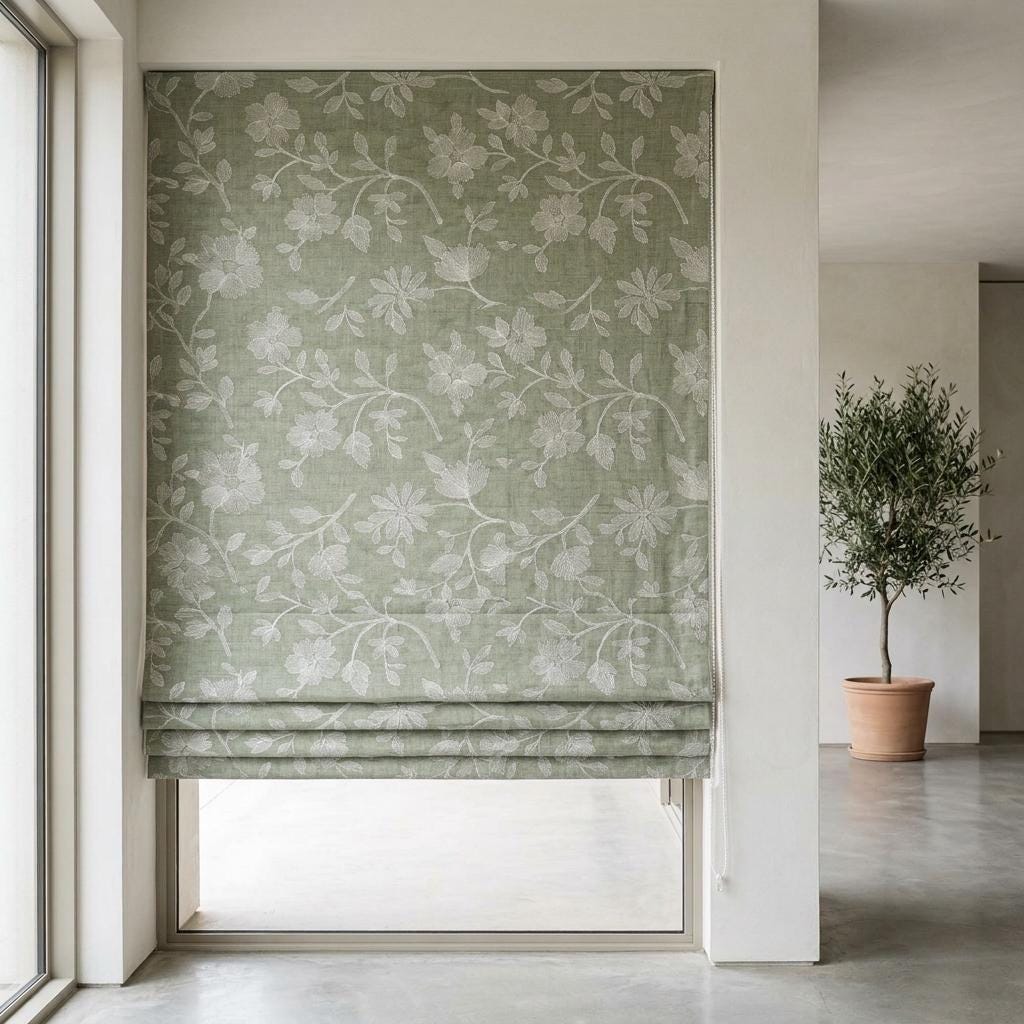 Custom Roman Shades, Sage Green Linen Roman Blind, Ivory Floral Embroidered Window Treatment, Blackout or Cotton Lined — image 2
