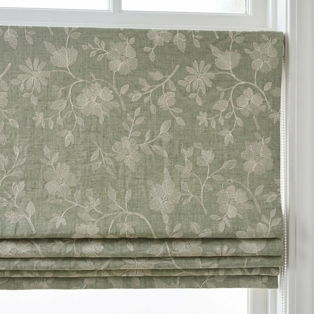 Custom Roman Shades, Sage Green Linen Roman Blind, Ivory Floral Embroidered Window Treatment, Blackout or Cotton Lined — image 5