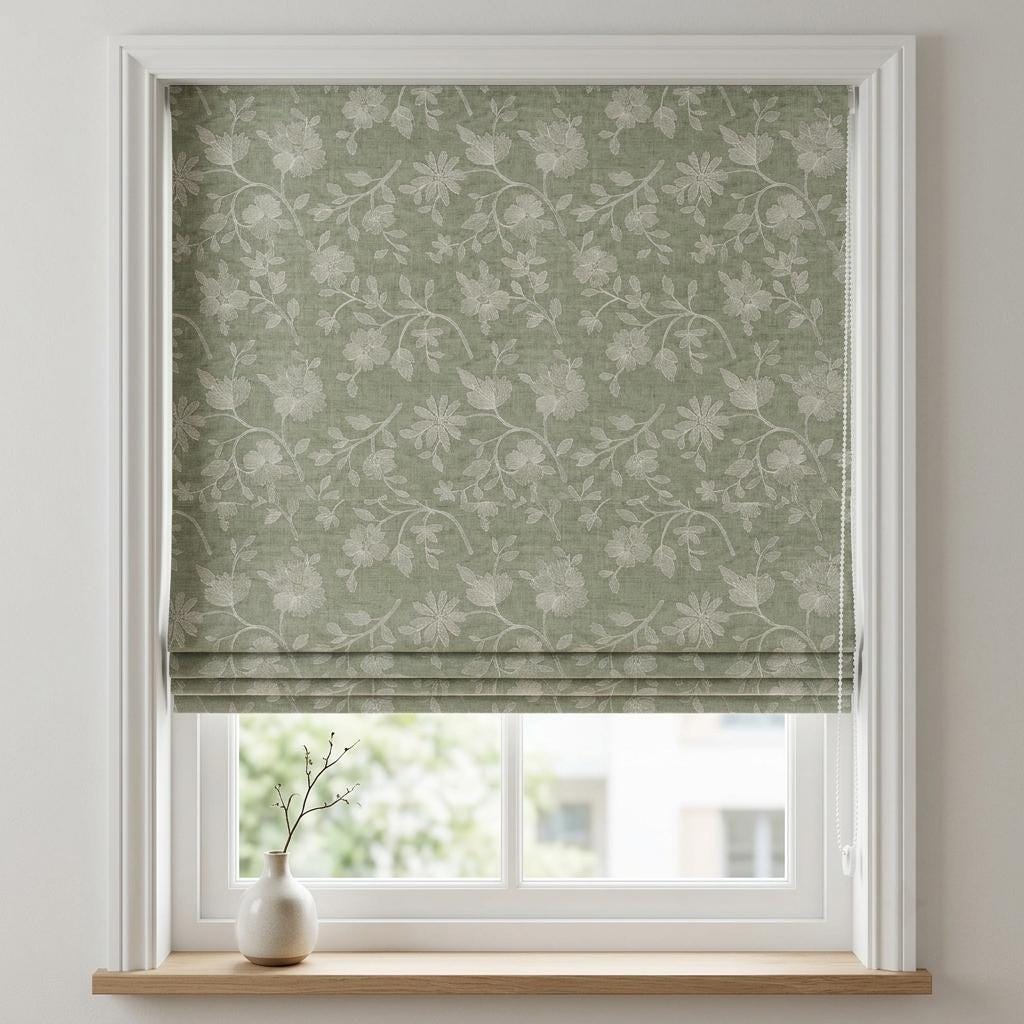 Custom Roman Shades, Sage Green Linen Roman Blind, Ivory Floral Embroidered Window Treatment, Blackout or Cotton Lined — image 8