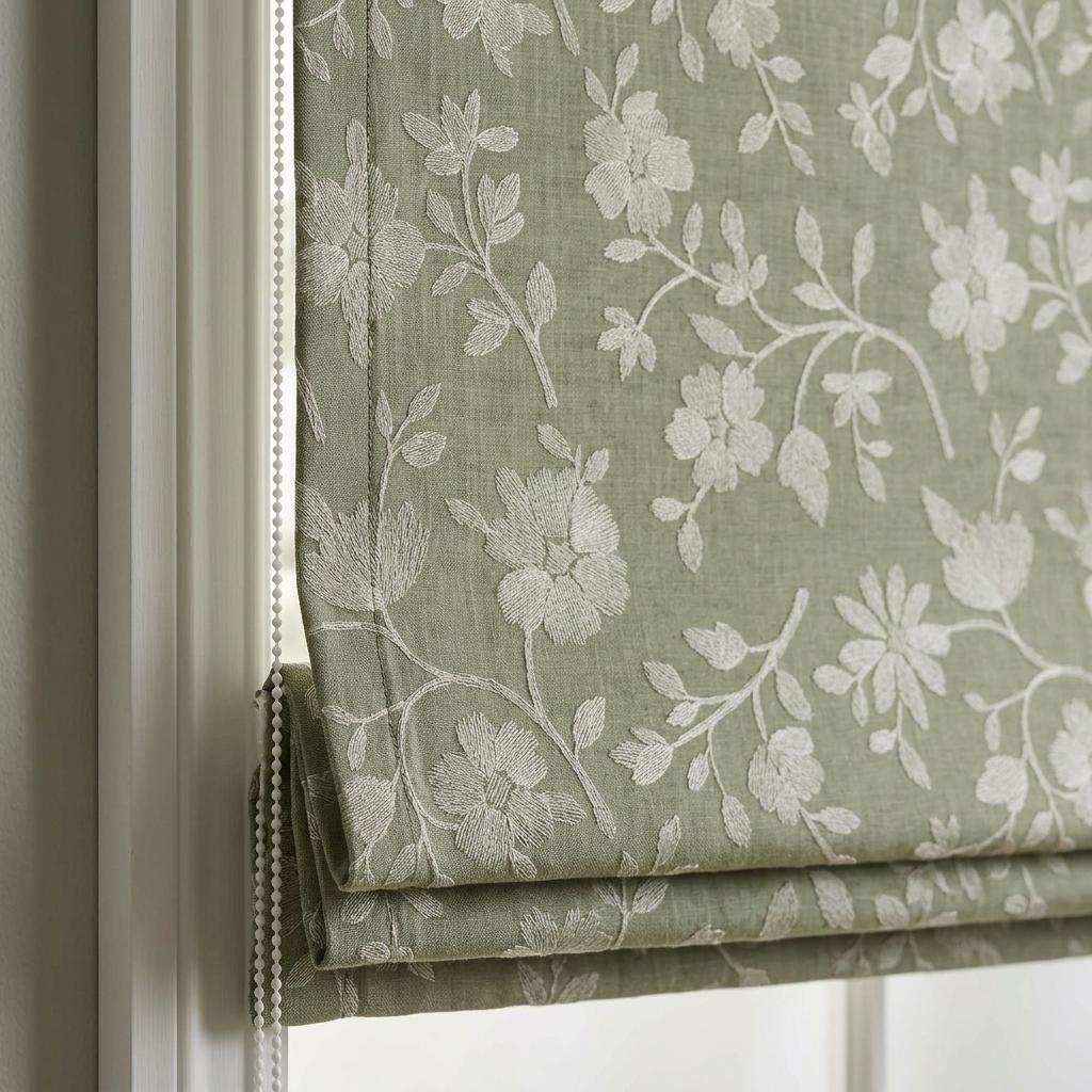 Custom Roman Shades, Sage Green Linen Roman Blind, Ivory Floral Embroidered Window Treatment, Blackout or Cotton Lined — image 1