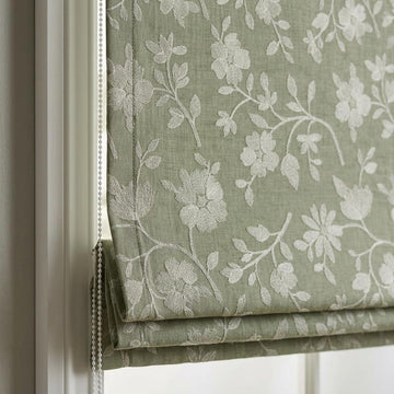 Custom Roman Shades, Sage Green Linen Roman Blind, Ivory Floral Embroidered Window Treatment, Blackout or Cotton Lined — image 1
