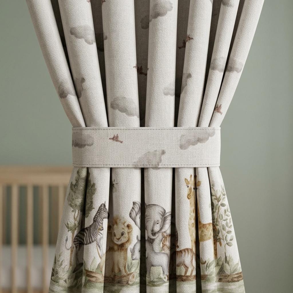 Ivory Sage Safari Animal Pure Linen Curtains, Neutral Watercolor Jungle Nursery Drapes, Kids Room Blackout Panels, Custom Size — image 7