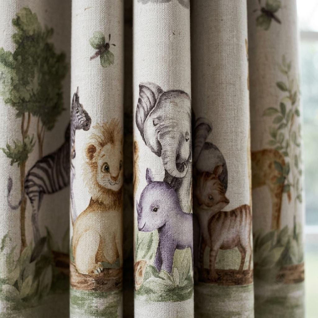 Ivory Sage Safari Animal Pure Linen Curtains, Neutral Watercolor Jungle Nursery Drapes, Kids Room Blackout Panels, Custom Size — image 1
