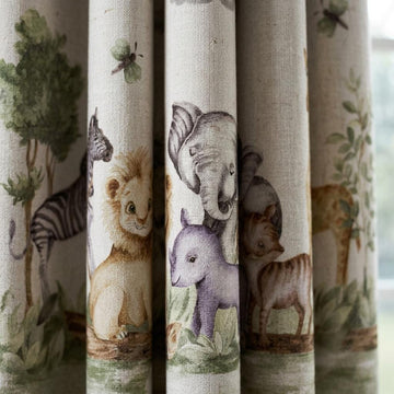 Ivory Sage Safari Animal Pure Linen Curtains, Neutral Watercolor Jungle Nursery Drapes, Kids Room Blackout Panels, Custom Size — image 1