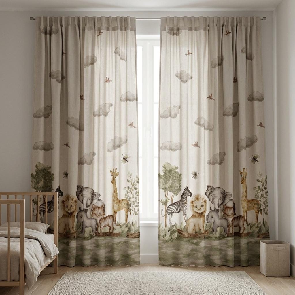 Ivory Sage Safari Animal Pure Linen Curtains, Neutral Watercolor Jungle Nursery Drapes, Kids Room Blackout Panels, Custom Size — image 6
