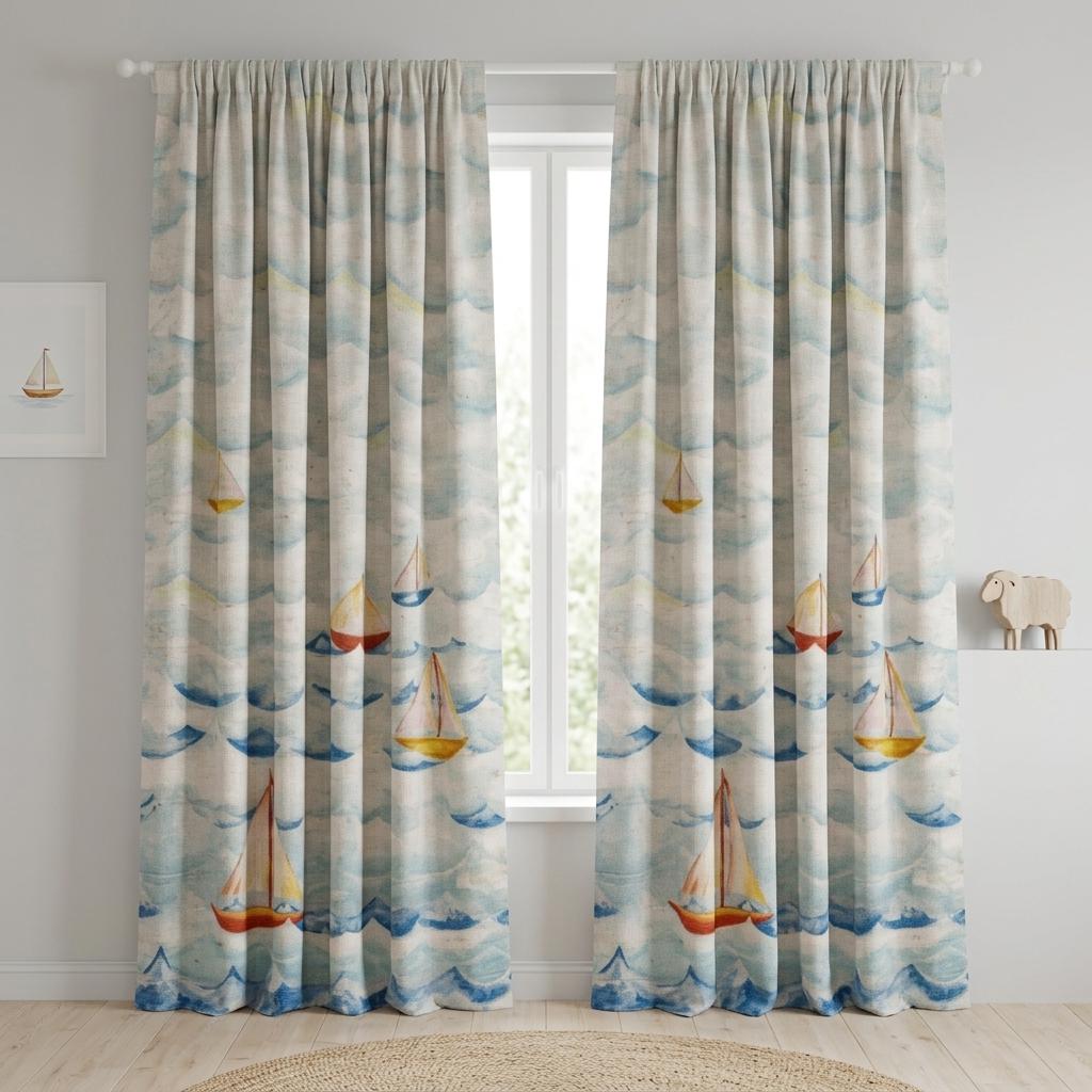 Ivory Blue Sailboat Pure Linen Curtains, Watercolor Nautical Nursery Drapes, Kids Room Blackout, Custom Size — image 3