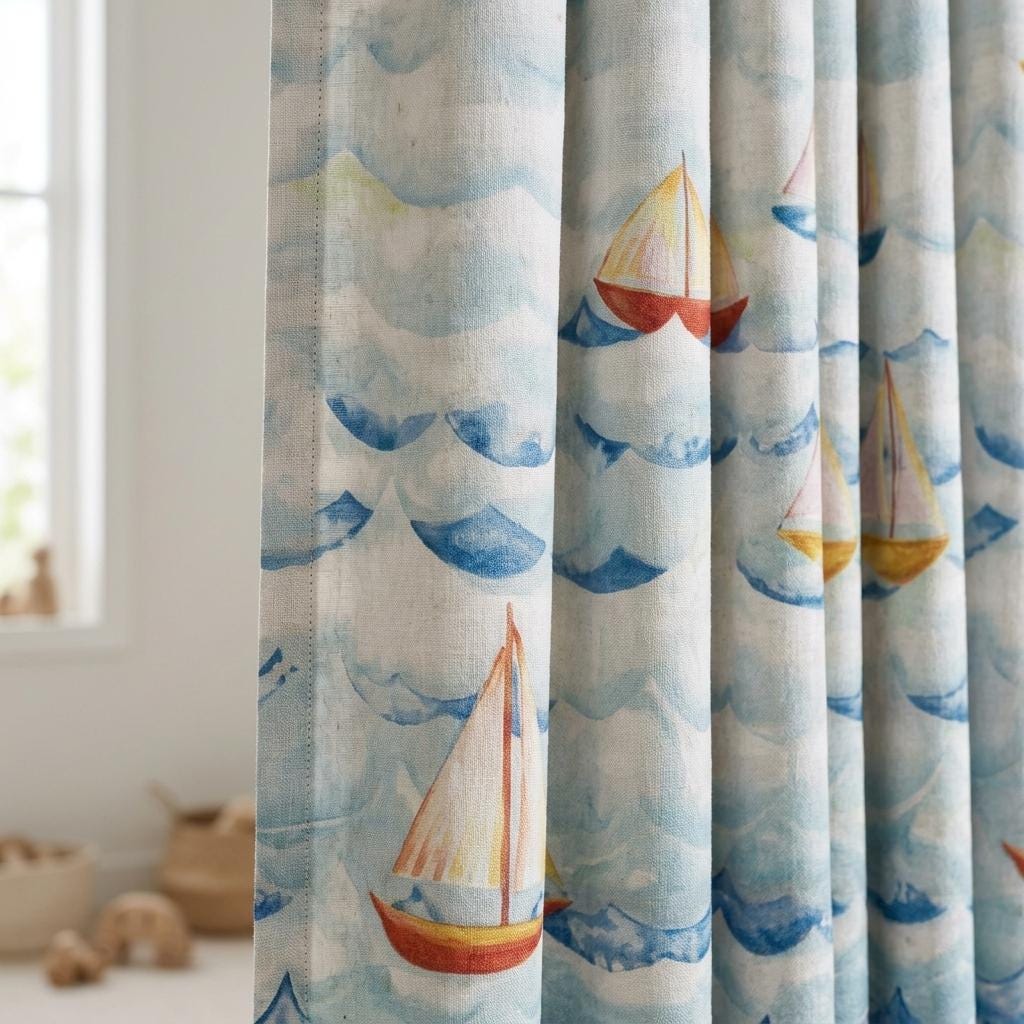 Ivory Blue Sailboat Pure Linen Curtains, Watercolor Nautical Nursery Drapes, Kids Room Blackout, Custom Size — image 1