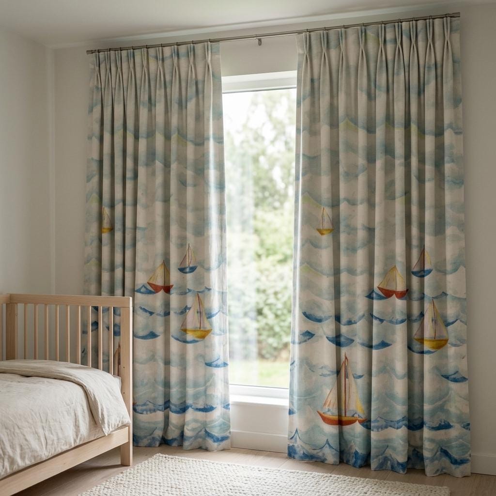 Ivory Blue Sailboat Pure Linen Curtains, Watercolor Nautical Nursery Drapes, Kids Room Blackout, Custom Size — image 2