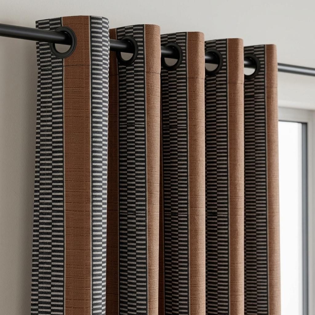 Rust Brown Charcoal Ivory Tribal Stripe Linen Curtains, Heavy Boho Geometric Drapes, Custom Blackout or Light Filtering Panels — image 3