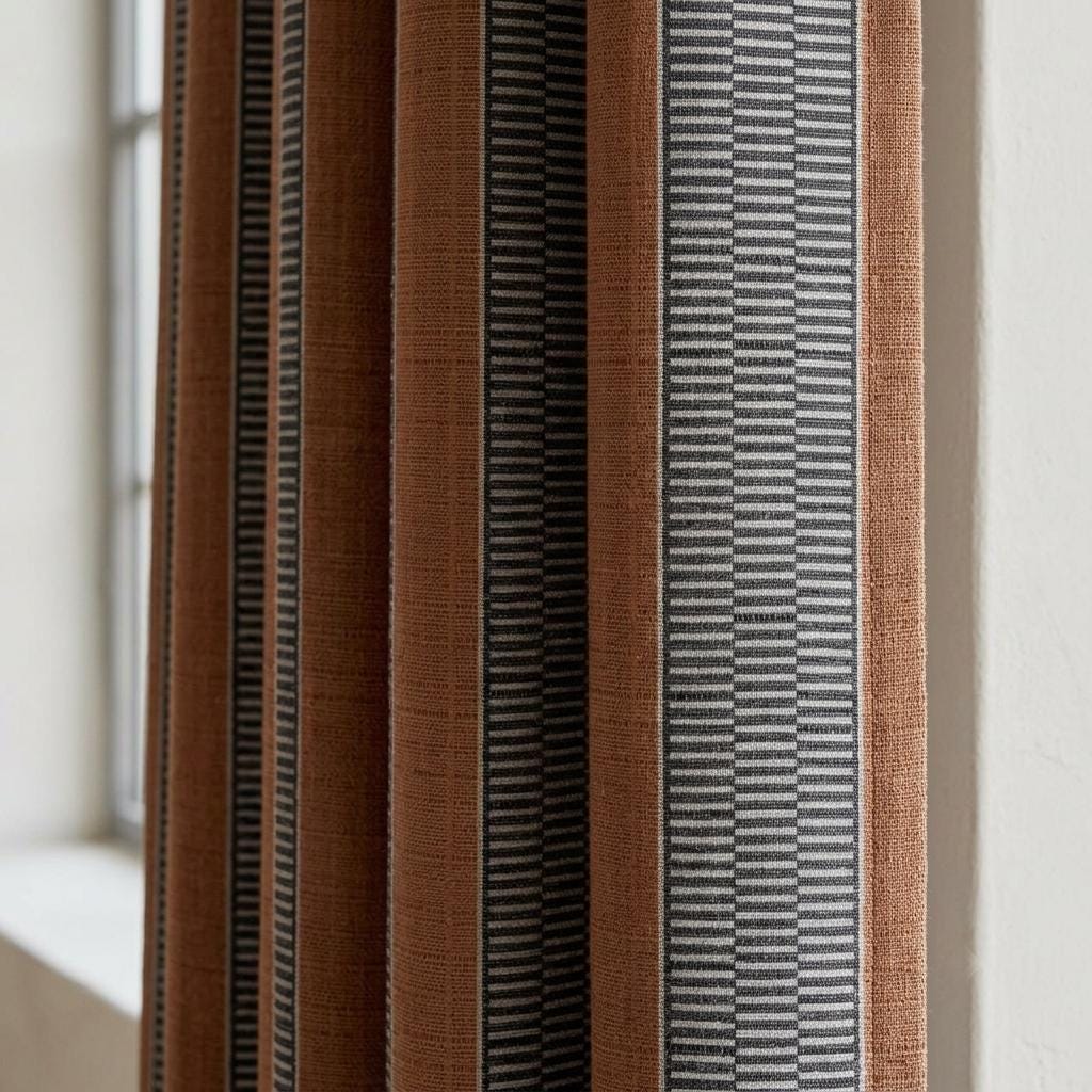 Rust Brown Charcoal Ivory Tribal Stripe Linen Curtains, Heavy Boho Geometric Drapes, Custom Blackout or Light Filtering Panels — image 1