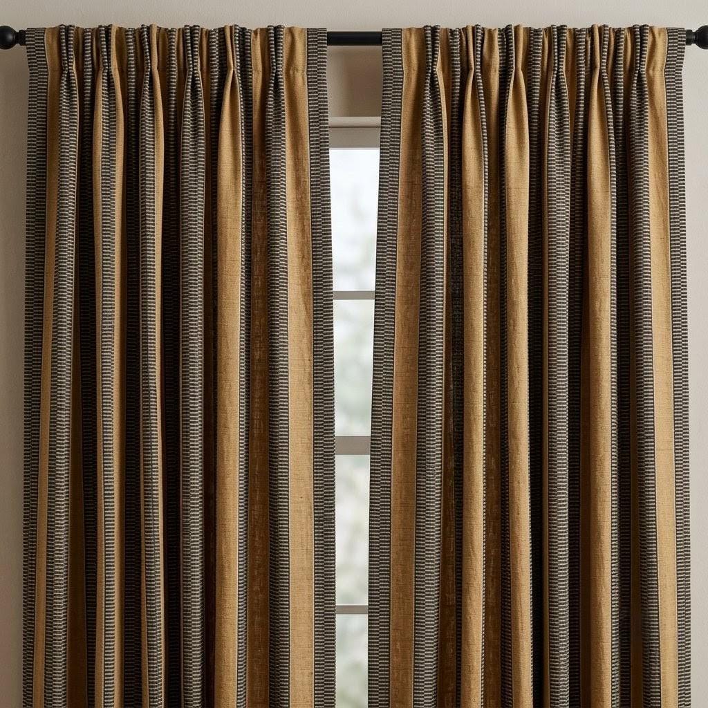 Pure Linen Curtains, Camel Tan & Charcoal Tribal Stripe, Heavy Boho Geometric Drapes, Custom Blackout or Light Filtering Panels — image 9