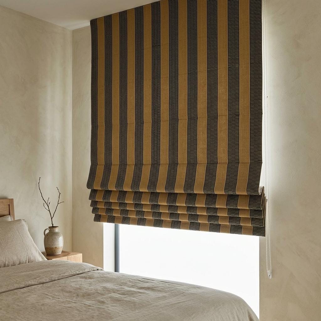 Black, Camel Tan & Ivory Striped Pure Linen Roman Shade, Custom Tribal Boho Corded Window Blind, Blackout or Light Filtering — image 1