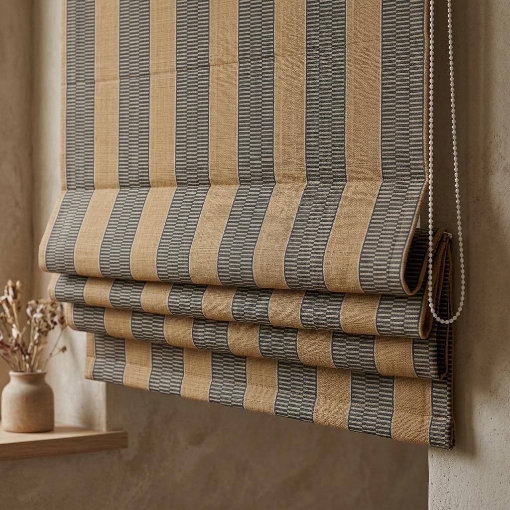 Black, Camel Tan & Ivory Striped Pure Linen Roman Shade, Custom Tribal Boho Corded Window Blind, Blackout or Light Filtering — image 1