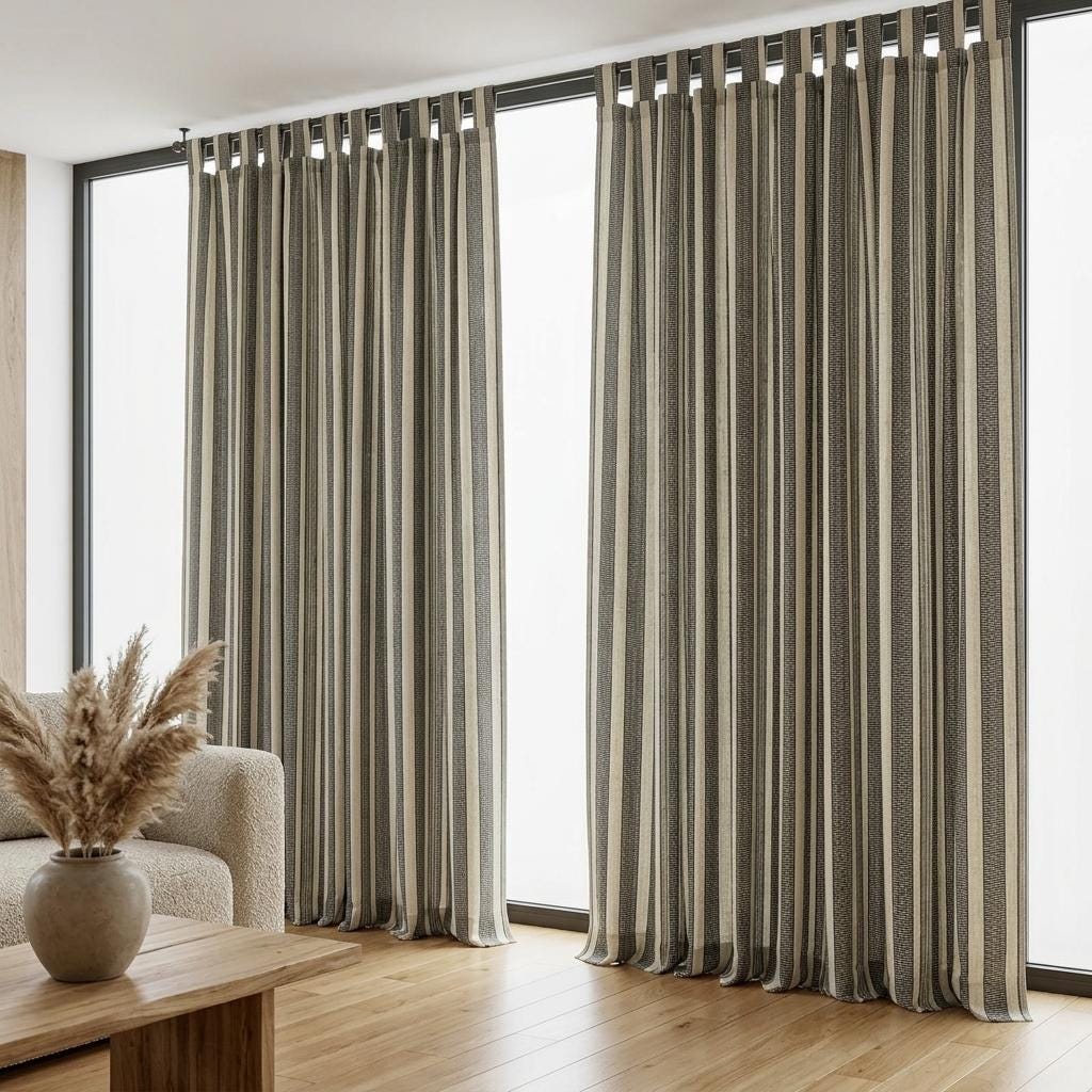 Oatmeal Ivory & Charcoal Tribal Stripe Pure Linen Curtains, Heavy Boho Geometric Drapes, Custom Blackout or Light Filtering Panels — image 9