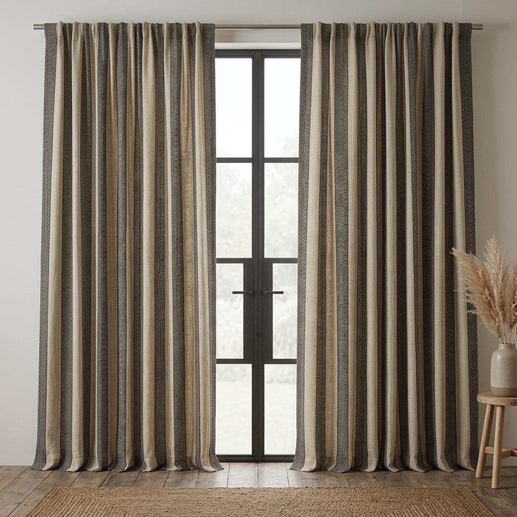Oatmeal Ivory & Charcoal Tribal Stripe Pure Linen Curtains, Heavy Boho Geometric Drapes, Custom Blackout or Light Filtering Panels — image 7