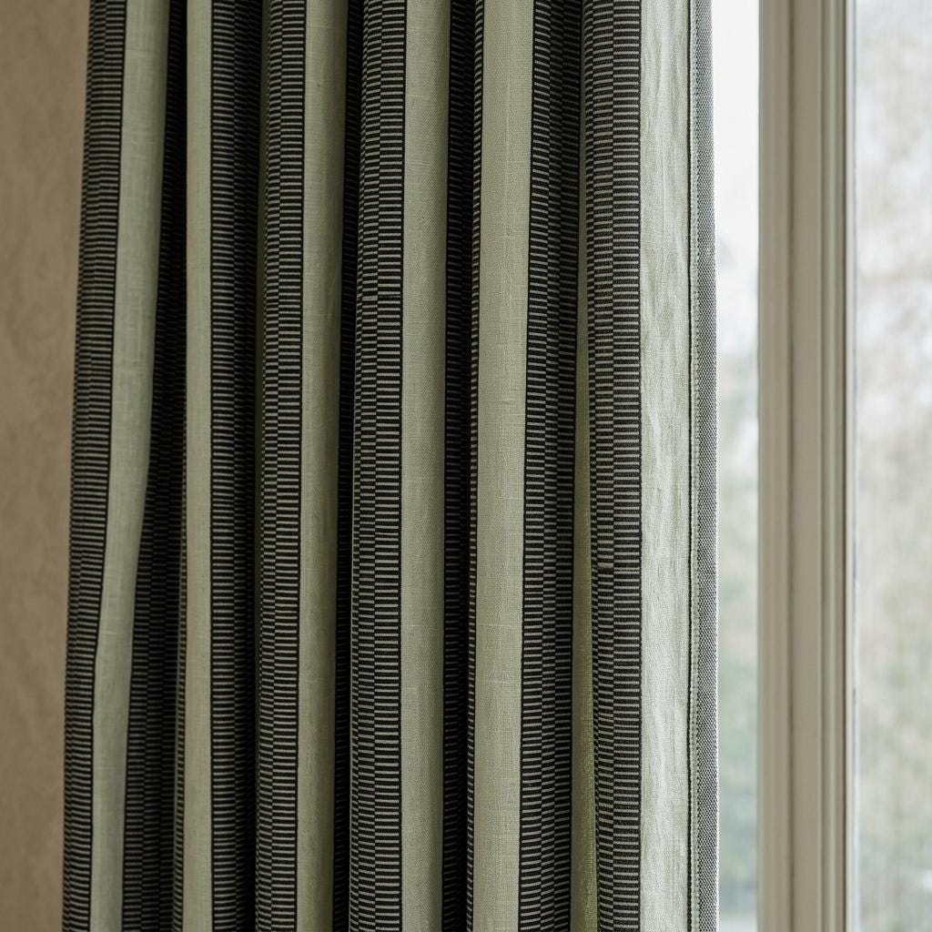 Oatmeal Ivory & Charcoal Tribal Stripe Pure Linen Curtains, Heavy Boho Geometric Drapes, Custom Blackout or Light Filtering Panels — image 1