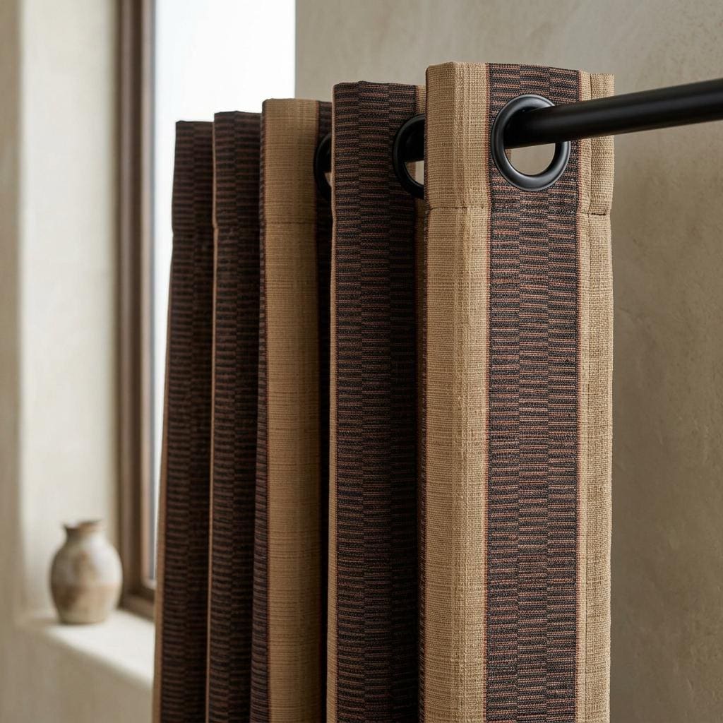 Pure Linen Curtains, Oatmeal Beige Charcoal & Rust Tribal Stripe, Heavy Boho Drapes, Custom Blackout or Light Filtering — image 1
