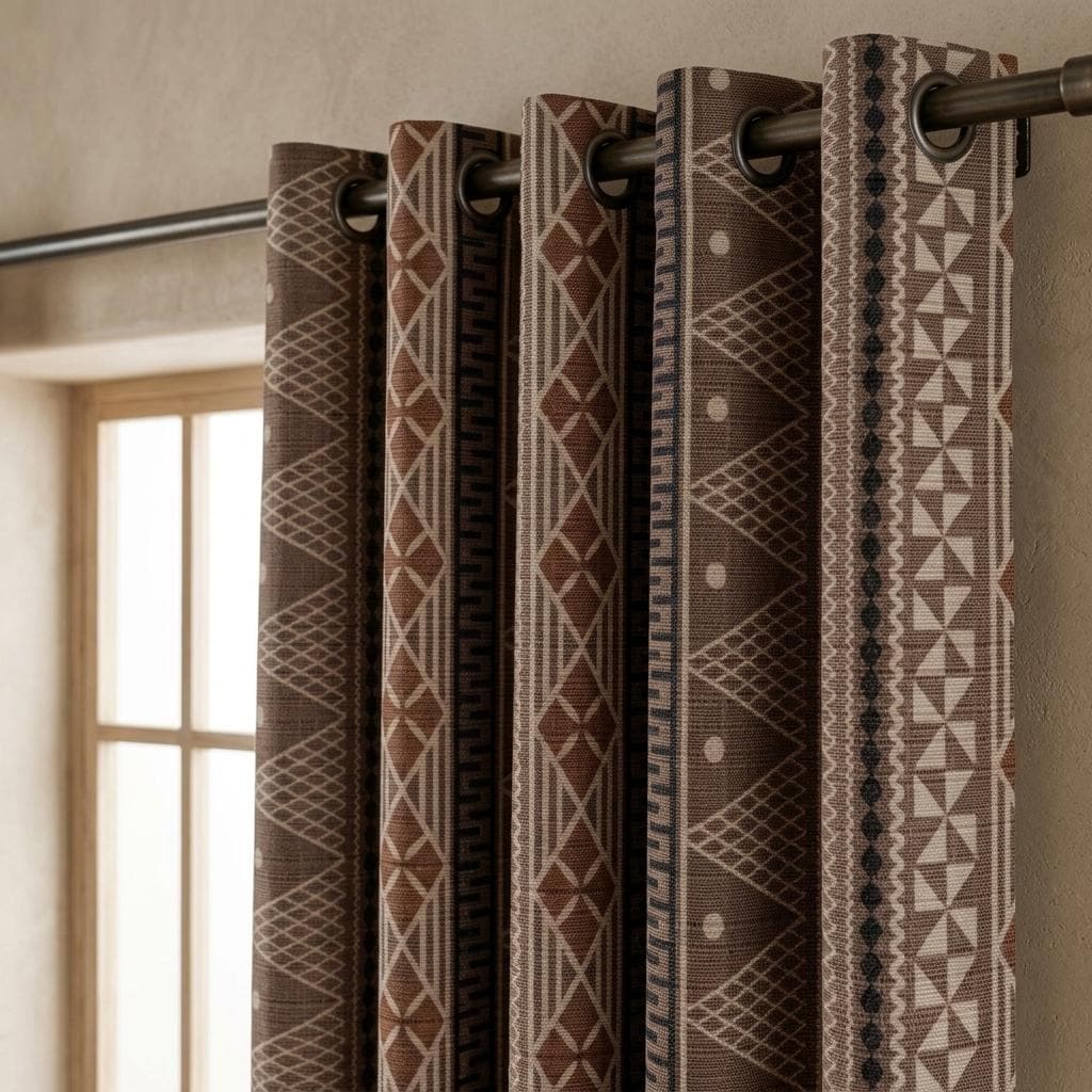 Taupe Rust & Ivory Tribal Linen Curtains, Black Geometric Boho Drapes, Custom Size Blackout or Light Filtering Panels — image 1