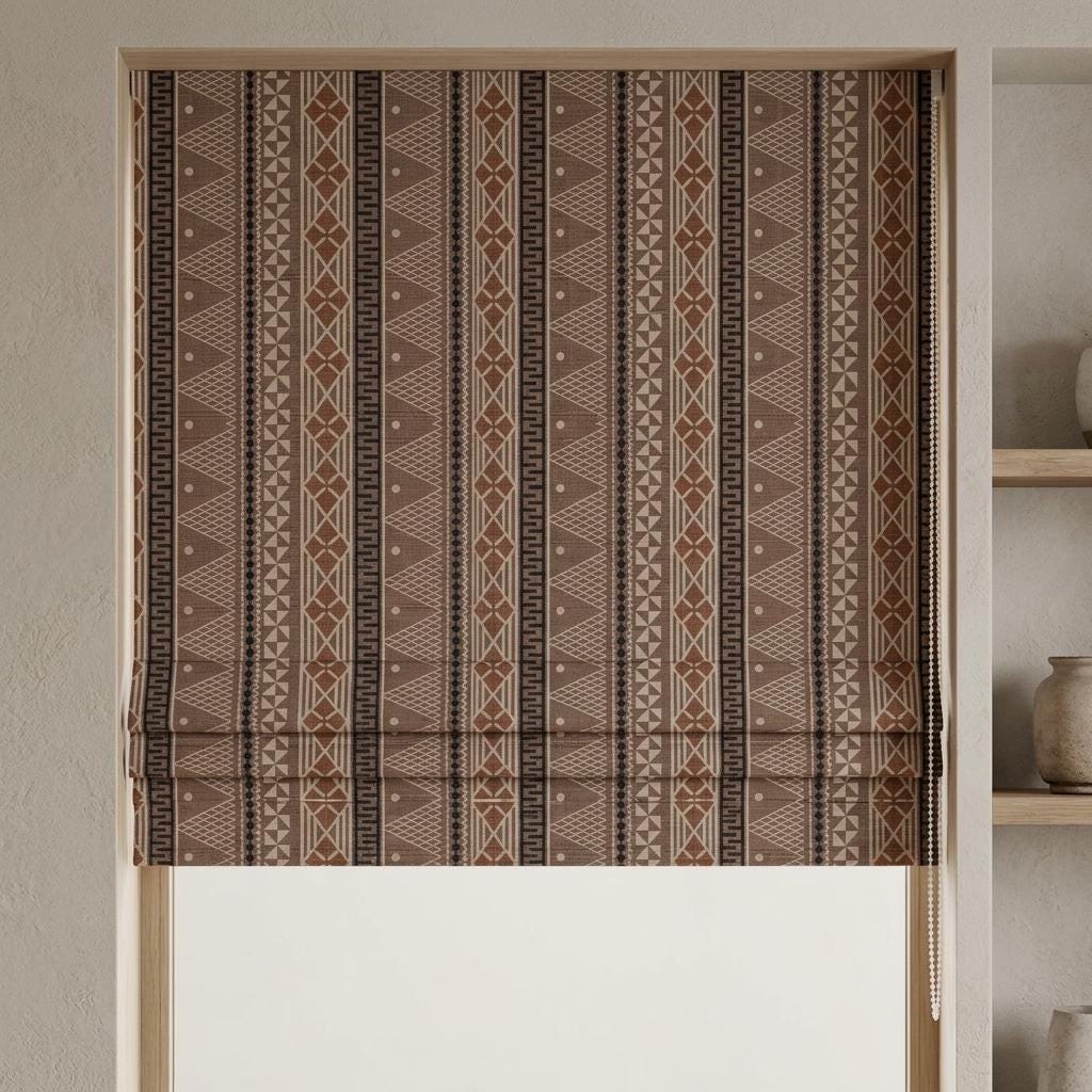 Taupe Rust Black Tribal Linen Roman Shade, Custom Southwestern Boho Geometric Corded Blind, Blackout or Light Filtering — image 1