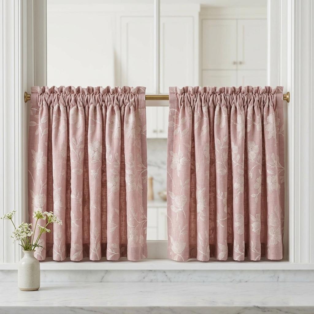 Blush Pink Linen Curtains, Ivory Floral Embroidered Drapes, Custom Blackout Cafe Kitchen Living Room Panels — image 5