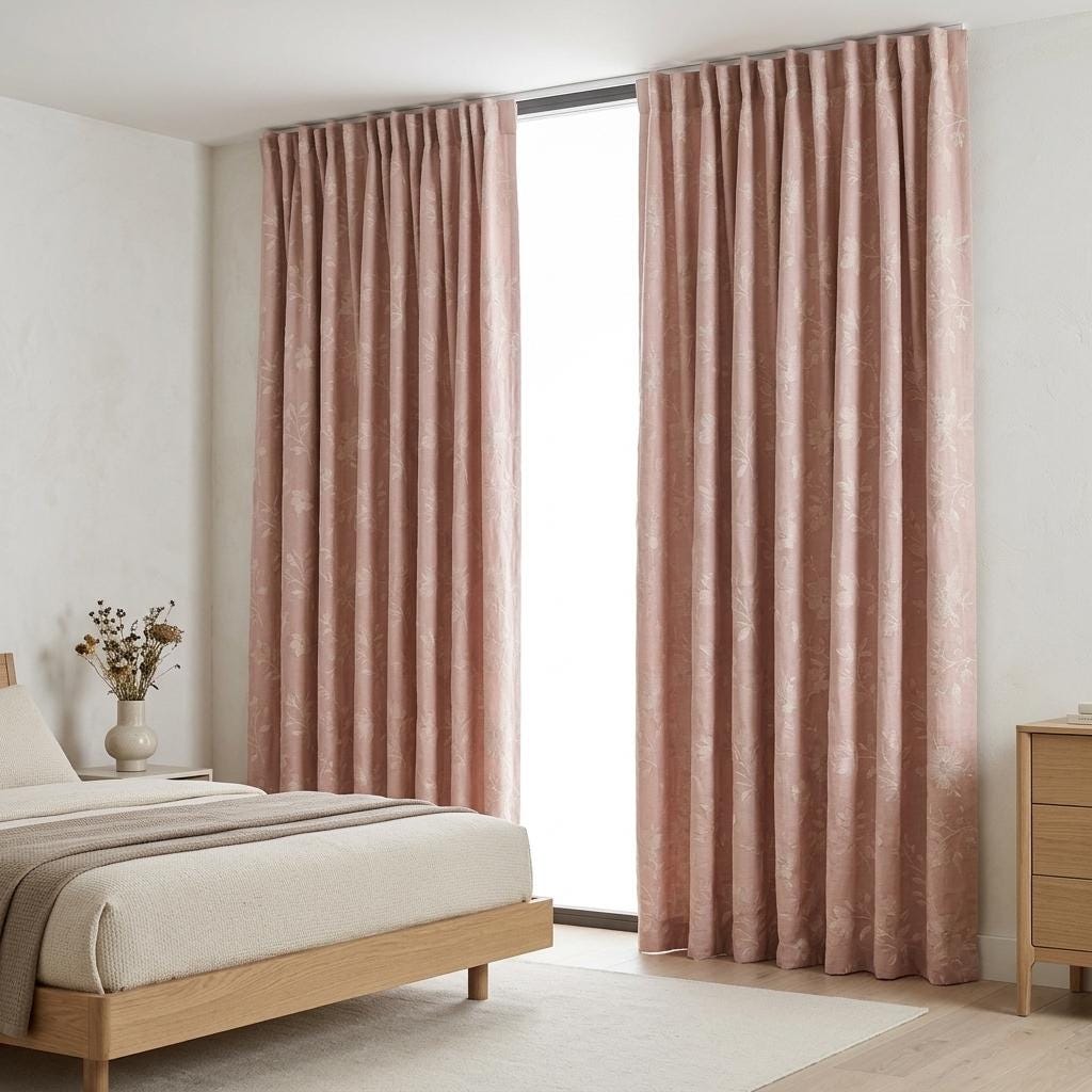 Blush Pink Linen Curtains, Ivory Floral Embroidered Drapes, Custom Blackout Cafe Kitchen Living Room Panels — image 4