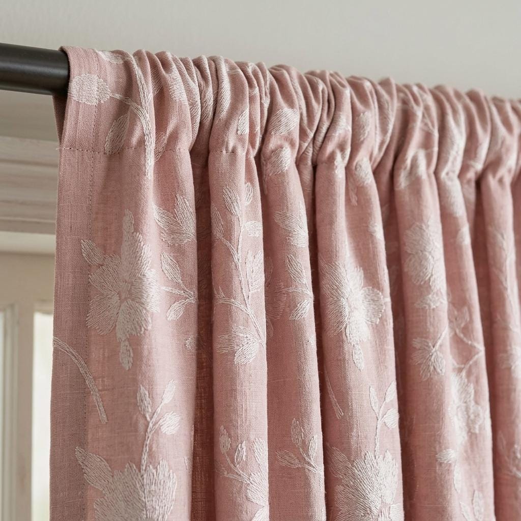 Blush Pink Linen Curtains, Ivory Floral Embroidered Drapes, Custom Blackout Cafe Kitchen Living Room Panels — image 3