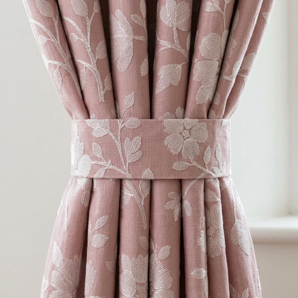 Blush Pink Linen Curtains, Ivory Floral Embroidered Drapes, Custom Blackout Cafe Kitchen Living Room Panels — image 1