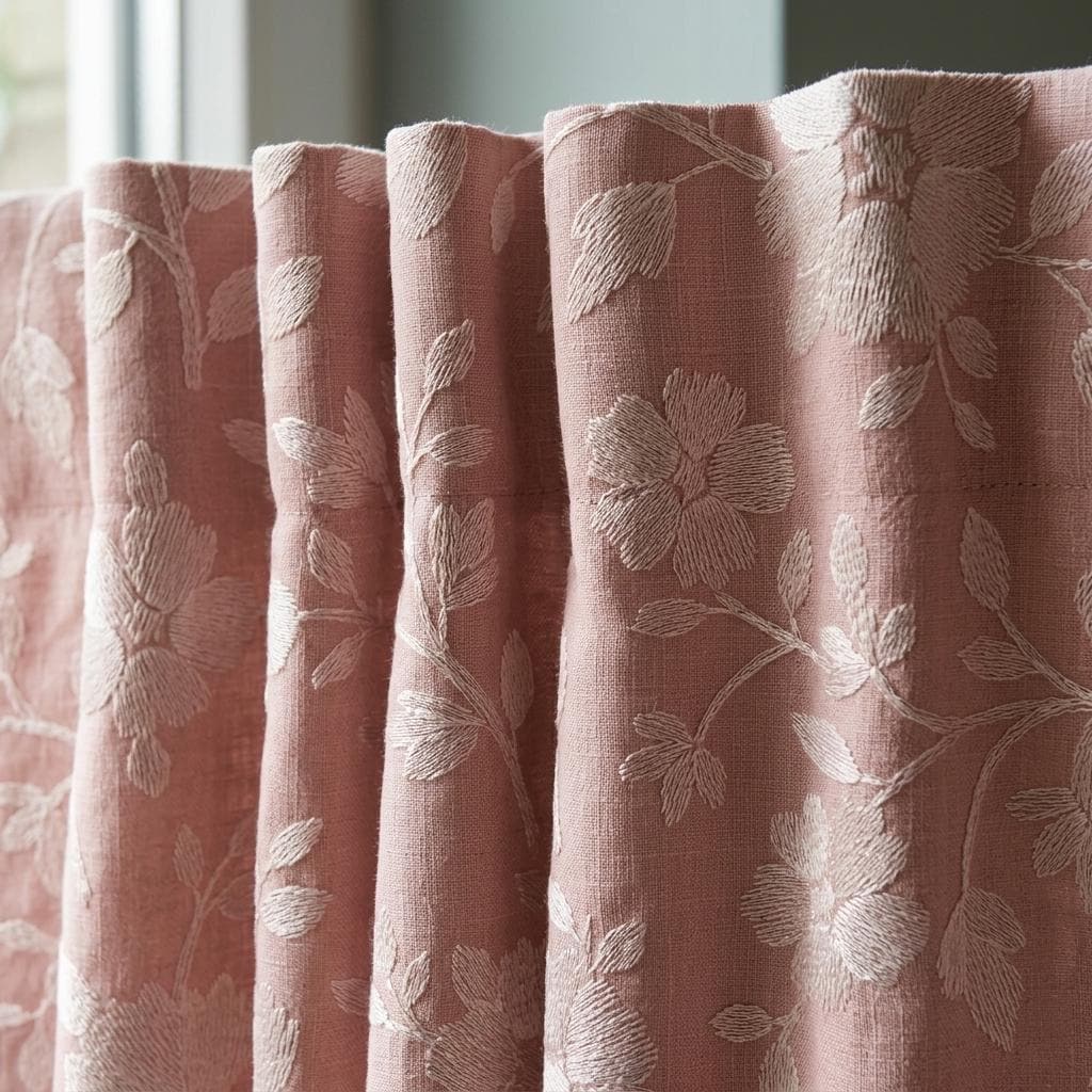 Blush Pink Linen Curtains, Ivory Floral Embroidered Drapes, Custom Blackout Cafe Kitchen Living Room Panels — image 8