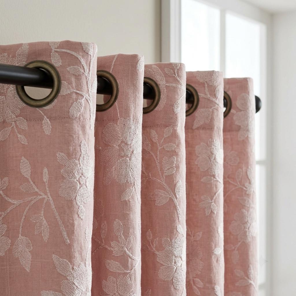 Blush Pink Linen Curtains, Ivory Floral Embroidered Drapes, Custom Blackout Cafe Kitchen Living Room Panels — image 7