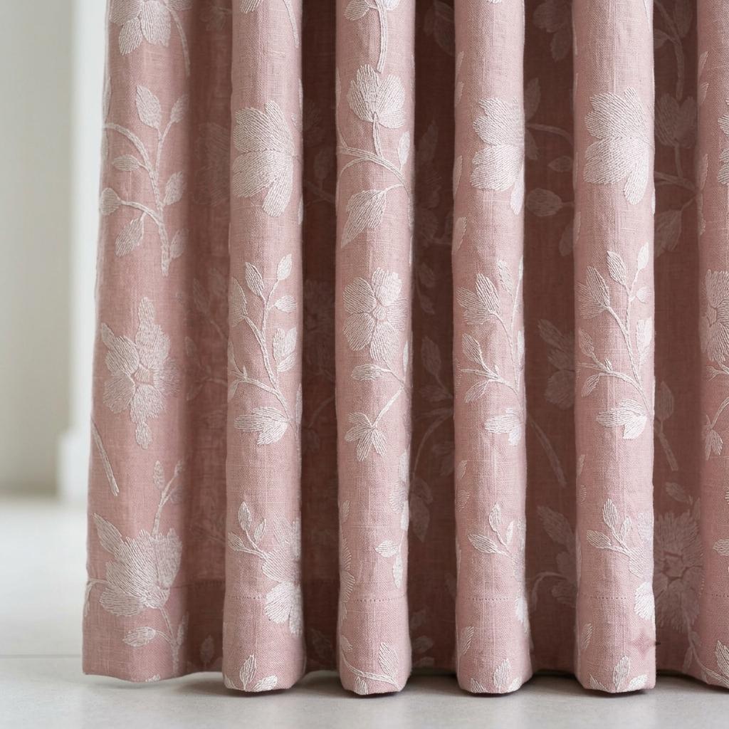 Blush Pink Linen Curtains, Ivory Floral Embroidered Drapes, Custom Blackout Cafe Kitchen Living Room Panels — image 6